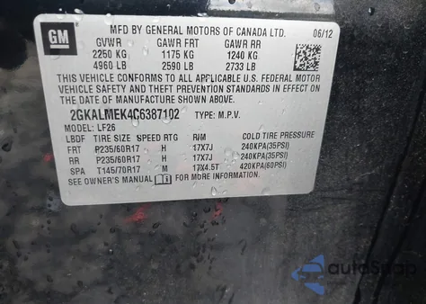 2012 GMC Terrain Sle-1 z USA, uszkodzony, nr VIN 2GKALMEK4C6387102